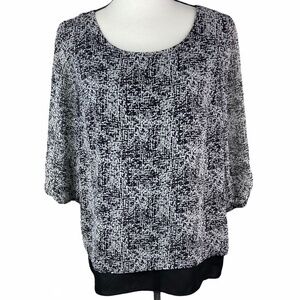 AB Studio Blouse Top Black Light Beige Print Three Quarter Sleeve Blouse